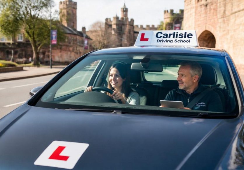 A_friendly_calm_driving_instructor_and_a_smiling_learner_driver_sitting_in_a_mod-0
